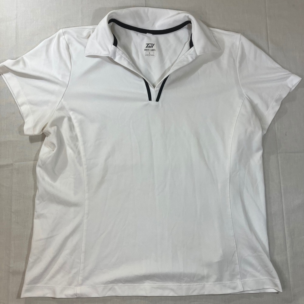 Tail White Label Womens V-Neck Golf Polo Shirt White Black Trim Size L CC0498
